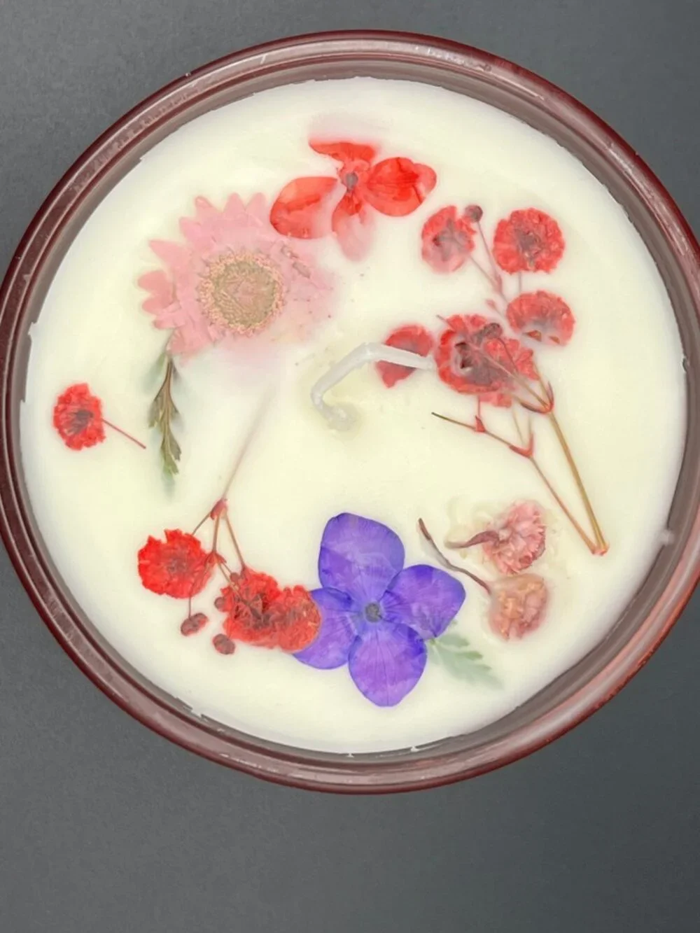 Crimson Bloom Martini Glass Candle with Mixed Pressed Florals